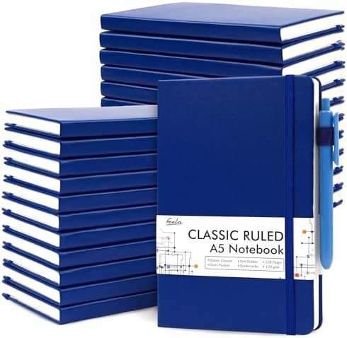 feela 24 Pack Journal Notebook for Work, Business Notebook Bulk Hardcover Lined Writing Journal with Pen Holder for Men Women Note Taking, with 24 Black Pens, 120 GSM, 5.1”x8.3”, A5, Navy by feela