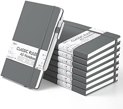 feela 8 Pack Journal Notebook Bulk for School, Hardcover Business Notebooks Classic Ruled Lined Journals with Pen Holder for Work Note Taking, with 8 Black Pens, 120 GSM, 5.1”x8.3”, A5, Gray by feela