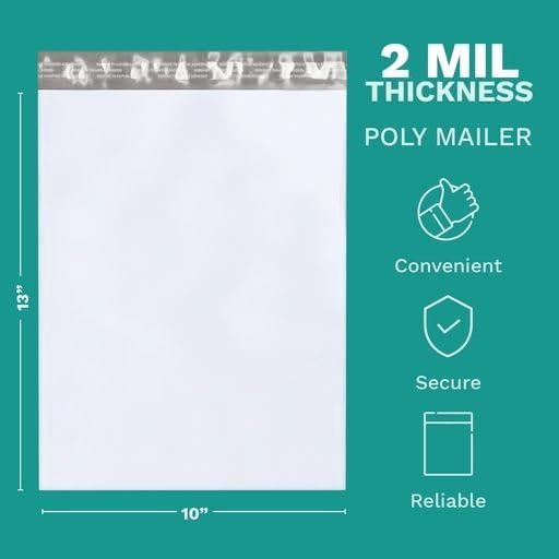 10" X 13" Large Poly Mailers, 100 Count White Polymailer Shipping Envelopes for Clothes 2 Mil Unpadded Waterproof Opaque Self-Seal Poly Bags with Tear/Puncture Proof Adhesive Strip - Image 2