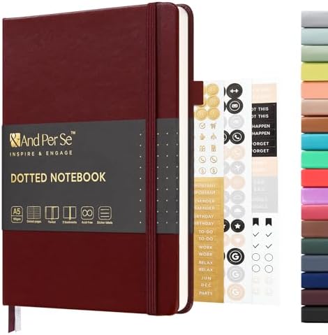 &And Per Se Dotted Journal Notebook, A5 Hardcover Leather Dotted Journal, 160 Pages 100gsm Thick Dot Grid Paper, 3 Sheets of Stickers Included - 5.7'' x 8'' (Dark Red) by AndPerSe