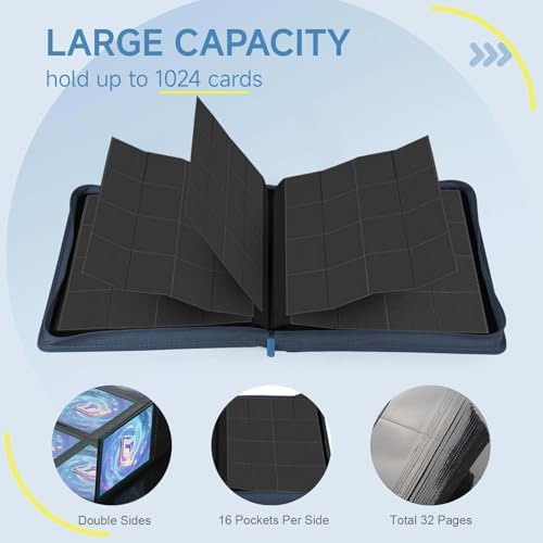 Card Binder with 1024 Cards,16 Pocket Trading Card Binder Includes 32 Page Storage Sleeves,Collection Card Album,Card Holder to Organize and Protect Cards,Navy Blue - Image 4