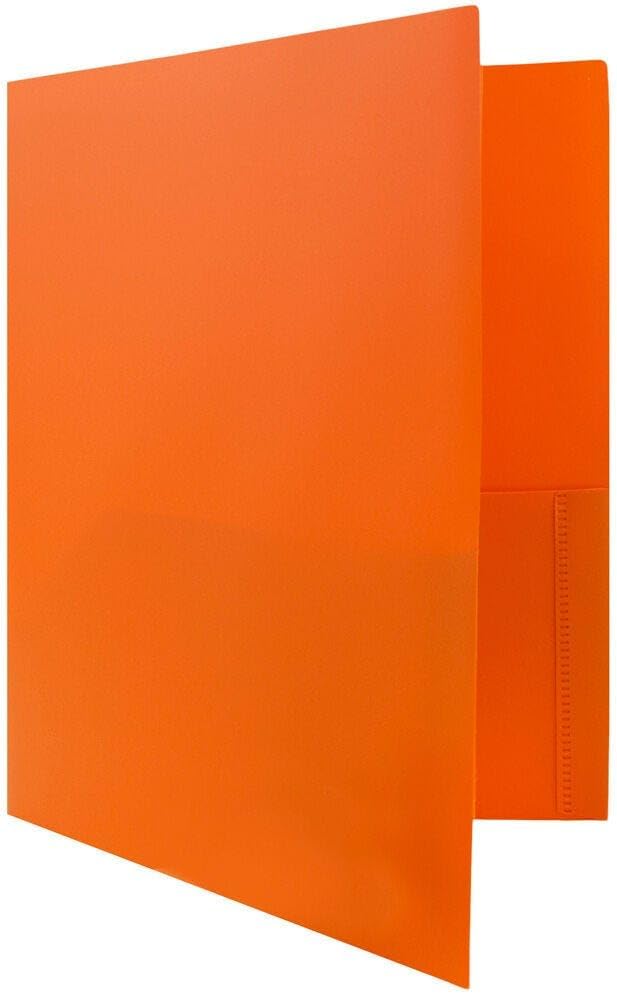JAM PAPER Plastic 2 Pocket POP Folders - Durable School Folders with Metal Prongs Fastener Clasps - Orange - 12/Pack - Image 3