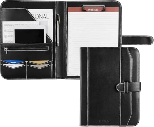 Leather Portfolio Notebook with Folder，Storage Clipboard with Cover for Legal Pad Holder Letter Size A4 Writing Pad for Business School Office Resume Conference Notepad Clip Boards(Black) by IVESIGN