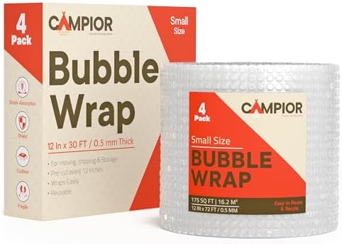 Bubble Wrap for Packing & Moving 4 Pack, 72 FT x 12” Bubble Cushioning Wrap with 3/16” Small Bubbles & 10 Fragile Stickers, Tear-Perforated Every 12”, Lightweight Protective Packaging for Moving by Campior