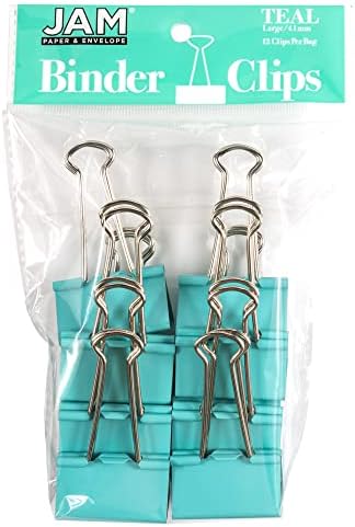 JAM PAPER Colorful Binder Clips - Large - 1 1/2 Inch (41 mm) - Teal Binderclips - 12/Pack by JAMPaper