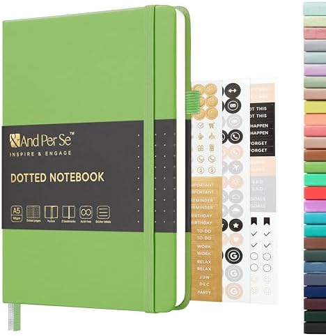 &And Per Se Dotted Journal Notebook, A5 Hardcover Leather Dotted Journal, 160 Pages 100gsm Thick Dot Grid Paper, 3 Sheets of Stickers Included - 5.7'' x 8'' (Pastel green) by AndPerSe