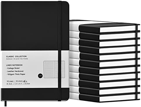 12 Pack A5 Journal Notebooks College Ruled Notebook Classic Leather Hardcover Lined Journals for Writing Office School Home Business, 8.3 x 5.5 inch, 100GSM Thick Paper, 160 Pages (Black, 12 Pack) by MOTOTO