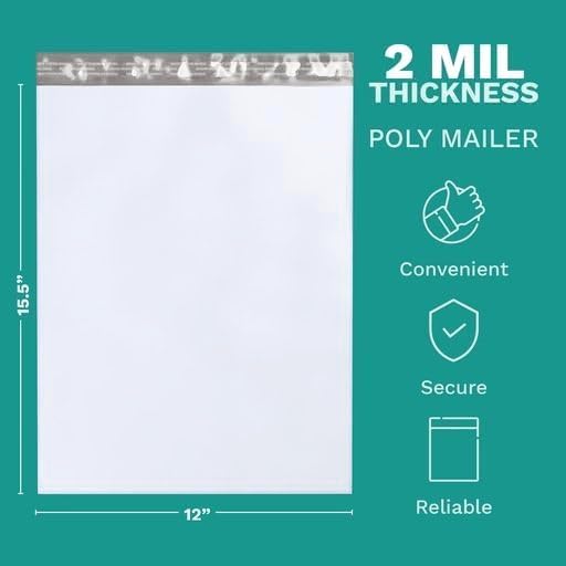 12" X 15.5" Large Poly Mailers, 1000 Count White Polymailer Shipping Envelopes for Clothes 2 Mil Unpadded Waterproof Opaque Self-Seal Poly Bags with Tear/Puncture Proof Adhesive Strip - Image 2
