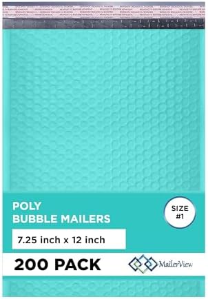 Teal Bubble Mailers 7.25x12, Self Seal Poly Padded Envelopes #1, 200 Pack by MAILERVIEW