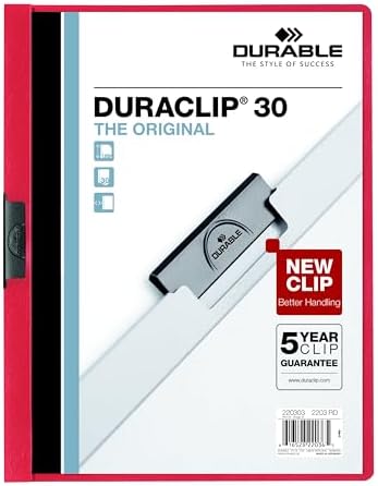 Durable Report Cover with DURACLIP - Letter-Size - Holds Up to 30 Pages - Clear Cover in Red - 25 Per Box by DURABLEOfficeProducts
