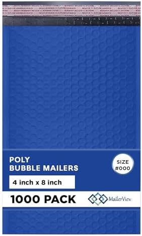 Royal Blue Bubble Mailers 4x8, Poly Padded Envelopes #000, 1000 Pack by MAILERVIEW