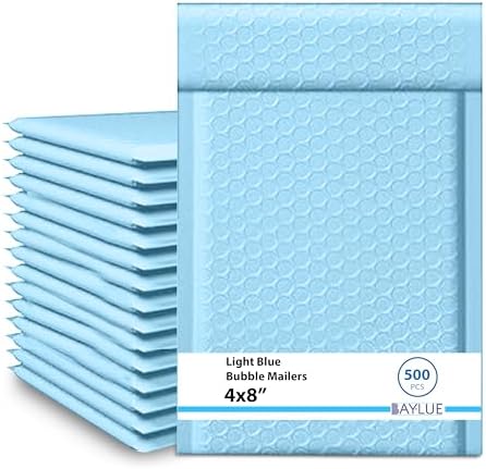 Light Blue Bubble Mailers 4x8, Poly Padded Envelopes #000, 500 Pack by BAYLUE