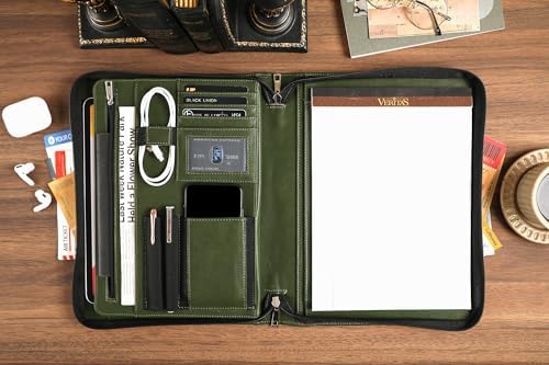 Personalized Leather Portfolio for Men, Business Padfolio with Zipper, Vegan Leather Folio with A4 Writing Pad Holder Organizer for Resume, Interview, Custom Portfolio - Green - Image 7