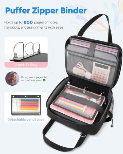 Puffer Zipper Binder 3 Ring with Pencil Pouch, 3" D-ring Binder with Zipper and Shoulder Strap, 600+ Sheets Capacity Zip Up Binder with 15.6" Laptop Pocket, Binder Bag for School College Office, Black - Image 4
