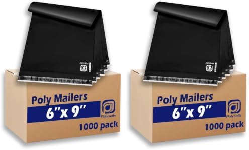 POLYSELLS 1000 pcs 6x9 Inches Black Poly Mailers Shipping Envelopes, Strong Adhesive Sealing, Waterproof, and Tear-resistant Postal Mailing Bags for Clothing, Books, and Accessories (Pack of 2) by POLYSELLS