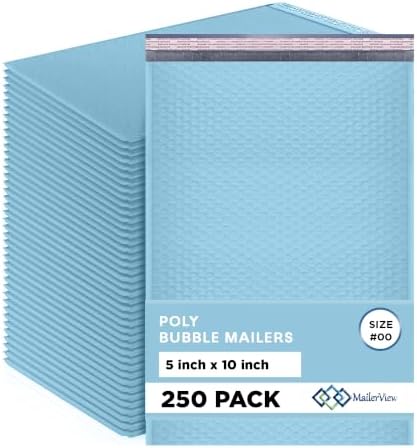 Light Blue Bubble Mailers 5x10, Self Seal Poly Padded Envelopes #00, 250 Pack by MAILERVIEW