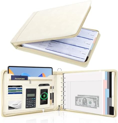Ospelelf Beige Zippered 7 Ring Check Binder for Business Checks (9" x 13"), 1 Inch Faux Leather Checkbook Portfolio with Zipper Pouch, Professional Binder Organizer for Accountants, Home Use by OspelelfOfficeSupplies
