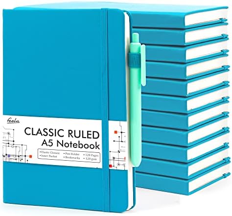 feela 12 Pack Notebooks Journals Bulk, Hardcover Notebook Classic Ruled Journal Set with Pen Holder for School Business Work Travel Writing, with 12 Black Pens, 120 GSM, 5.1”x8.3”, A5, Teal by feela