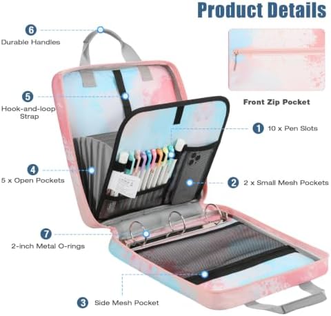 MoKo Zipper Binder, 2 inch 3 Ring Binder with 500 Sheet Capacity Multi-Pocket School Bag with Padded Shoulder Strap Handle, School Supplies Organizer for Middle Student, Orange Pink - Image 3