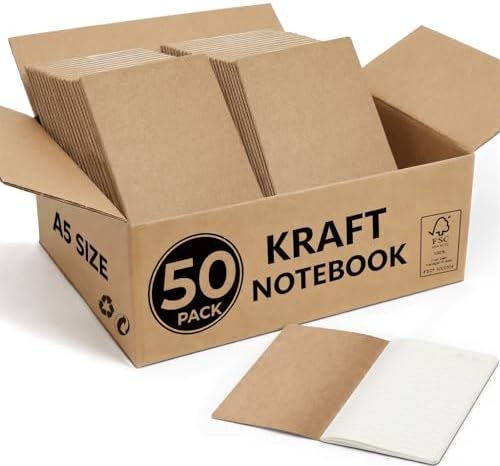 50 Pack Kraft Notebooks Bulk A5, 60 Pages Lined Ruled Journals, 8.3x5.5 In by Foliom
