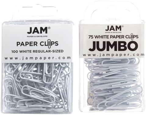 JAM PAPER Combo Pack Colorful Paper Clips - Standard & Jumbo - White Paperclips - 1 Pack of 100 & 1 Pack of 75 by JAMPaper