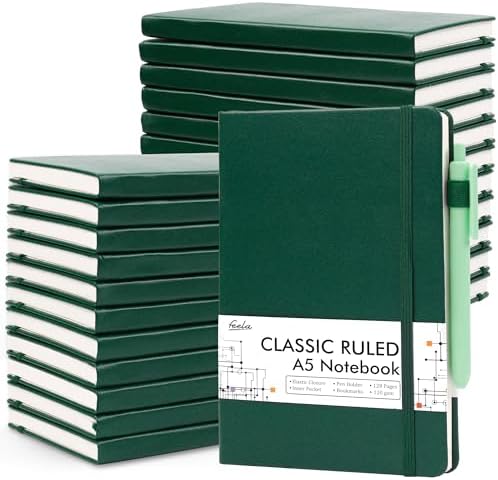 feela 24 Pack Journal Notebook for Work, Business Notebook Bulk Hardcover Lined Writing Journal with Pen Holder for Men Women Note Taking, with 24 Black Pens, 120 GSM, 5.1”x8.3”, A5, Dark Green by feela