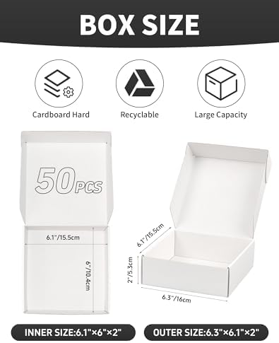 6x6x2 Inch Shipping Boxes, Set of 50, White Corrugated Cardboard Boxes, Mailer Packaging Boxes for Small Business Gift Literature Shipping - Image 2