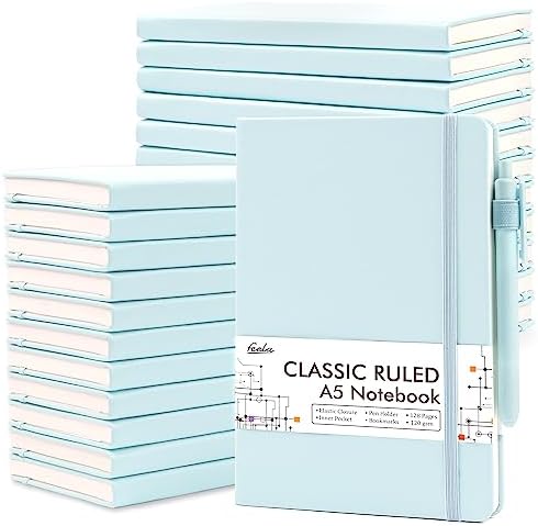 feela 24 Pack Journal Notebook Bulk for Work, Business Notebook Hardcover Lined Writing Journal with Pen Holder for Students Women Note Taking, with 24 Black Pens, 120 GSM, 5.1”x8.3”, A5, Sky Blue by feela