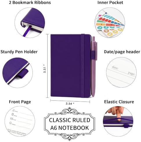 feela 15 Pack Pocket Small Notebooks Bulk, Mini Cute Notepads Hardcover College Ruled Lined Journals with Pen Holder for School Business Memos, with 15 Black Pens, 3.5”x 5.5”, A6, Purple - Image 2