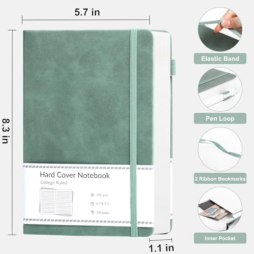 CAGIE Lined Journal Notebook, 320 Pages College Ruled Notebook, 100 Gsm Paper Thick Journal, B5 Hardcover Leather Journals for Writing Women Men, 7.6x10In, Green - Image 2