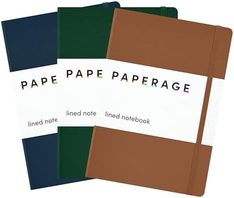 PAPERAGE Lined Journal Notebook, 3 Pack, (Cognac, Dark Green, Navy), 160 Pages, Medium 5.6 in x 8 in - 100 GSM Thick Paper – Hardcover Journaling Notebook for Work, School & Note Taking by PAPERAGE
