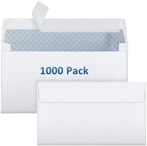 1000 Pack #6-3/4 Security Envelopes Self Seal - 3-5/8 x 6-1/2 Inch White Business Envelopes Peel and Seal Closure, 28 LB Windowless Blue Security Tinted Envelope Bulk by Outdoramic