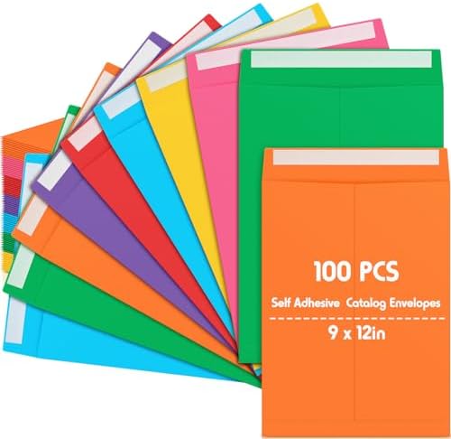 100 Pcs 9'' x 12'' Catalog Envelopes Self Adhesive 32lb Manila Envelopes Kraft Peel & Seal for Secure Mailing Storage Organizing for Office Business Home(Colorful) by Janlaugh