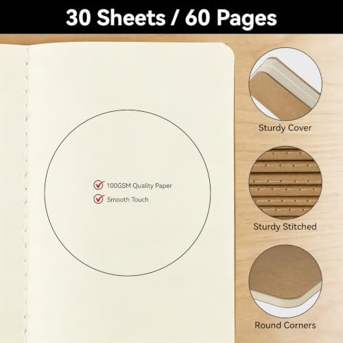 EUSOAR Blank Page Notebook, 12pcs A5 5.5"x8.3" 60 Pages Soft Cover Kraft Ruled Subject Journal Notebooks, Writing Note Pads Sketchbook Memo Composition,for School Office College Work Note Taking Diary - Image 3