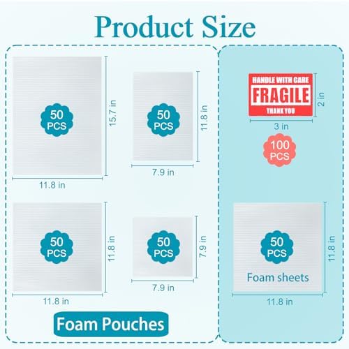 350 Pcs Dish Packing Supplies for Moving, 250 Cushion Foam Pouches and Sheets, 4 Sizes (16x12'', 12x12'', 12x8'', 8x8'') with 100 Fragile Stickers, Foam Pouches for Packing, Storage, Shipping - Image 2