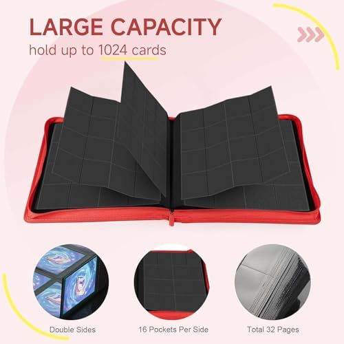 Card Binder with 1024 Cards,16 Pocket Trading Card Binder Includes 32 Page Storage Sleeves,Collection Card Album,Card Holder to Organize and Protect Cards,Red - Image 4
