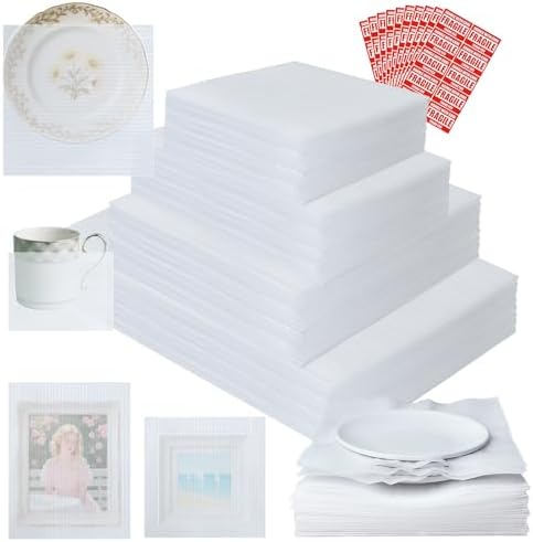 350 Pcs Dish Packing Supplies for Moving, 250 Cushion Foam Pouches and Sheets, 4 Sizes (16x12'', 12x12'', 12x8'', 8x8'') with 100 Fragile Stickers, Foam Pouches for Packing, Storage, Shipping by YIENFBEV