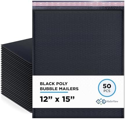 Black Bubble Mailers 12x15, Self Seal Poly Padded Envelopes, 50 Pack by MAILERVIEW