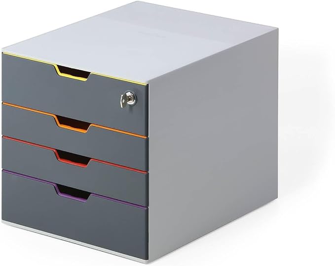 Durable VARICOLOR 4 Lockable Drawer Unit - Gray Desktop Filing Drawer Set with 4 Color Coded Draws - Letter Size Files - Top Draw is Lockable - Perfect for Storing Documents and Paper Work by DURABLEOfficeProducts