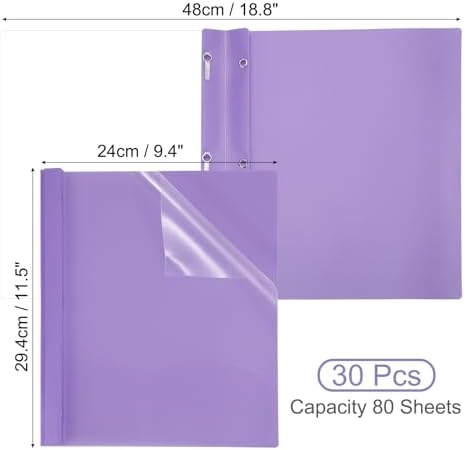 PATIKIL Plastic Report Covers with Prong, 30 Pcs 80 Sheet Clear Front Presentation Binders with 3 Metal Prong Fasteners Report Folder for Resume Documents Files Letter, Light Purple - Image 2