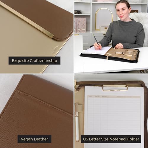 BLU MONACO | Brown Vegan Leather Padfolio | Zippered Work Organizer Binder with Gold Trim | Professional Document Case 8.5 x 11 for Women - Image 5