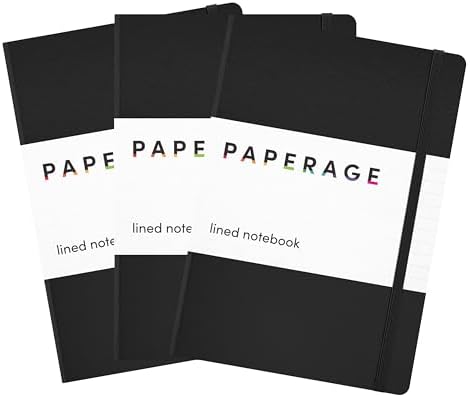 PAPERAGE Lined Journal Notebook, 3 Pack, (Black), 160 Pages, Medium 5.6 in x 8 in - 100 GSM Thick Paper – Hardcover Journaling Notebook for Work, School & Note Taking by PAPERAGE
