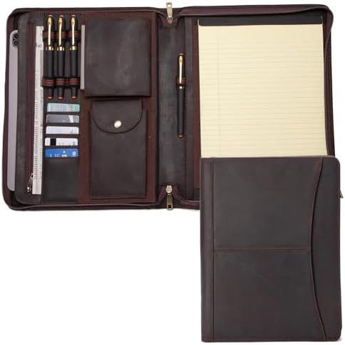 Genuine Leather Portfolio with Front Pocket for Men and Women, Zippered Padfolio Binder 8.5 x 11 Legal Pad Notebook Holder, Fits 13” Laptop, Professional Work File Case, Dark Brown by Geslun