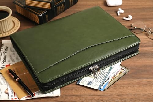 Personalized Leather Portfolio for Men, Business Padfolio with Zipper, Vegan Leather Folio with A4 Writing Pad Holder Organizer for Resume, Interview, Custom Portfolio - Green - Image 4
