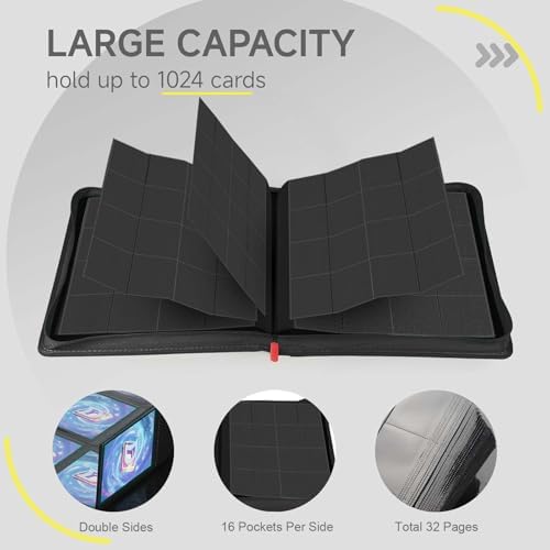 Card Binder with 1024 Cards,16 Pocket Trading Card Binder Includes 32 Page Storage Sleeves,Collection Card Album,Card Holder to Organize and Protect Cards,Black - Image 4