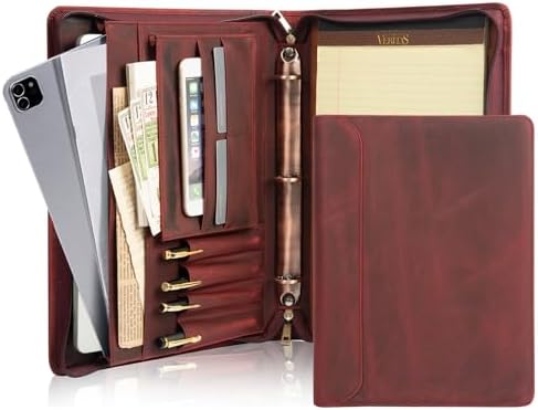 AZXCG Leather Portfolio Organizer, 3 Ring Binder Padfolio Folder, Resume Zippered Folio for A4/Letter Size Notepad, Business Binder Portfolio with Zipper for 13" Laptop, Gift for Women, Red by AZXCG