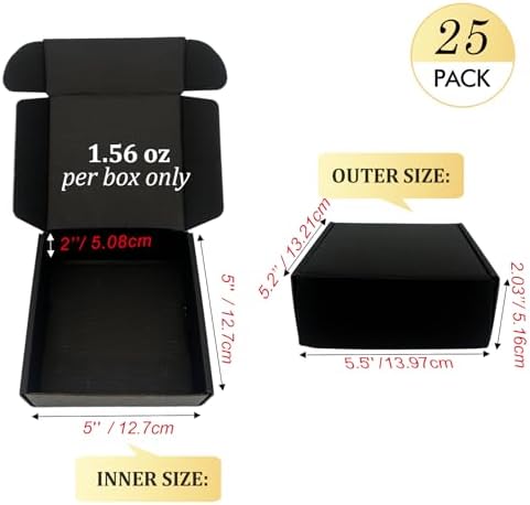 Small Shipping Boxes 5x5x2, Set of 25, Black Corrugated Cardboard Box Mailer (YD552-25BK) - Image 2