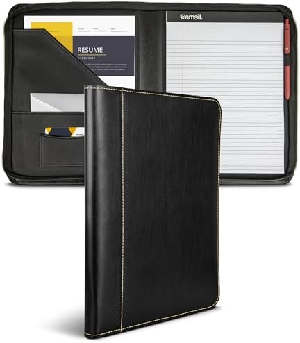 Samsill Contrast Stitch Leather Zippered Portfolio Folder/Business Portfolio for Men and Women, Resume/Document Organizer with Writing Pad, Black (71720) by Samsill