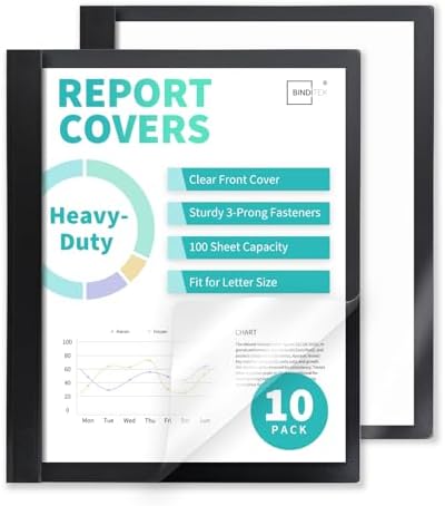 Heavy-Duty Report Covers with 3 Prongs, 100-Sheet Capacity, Black, 10Pack by Binditek