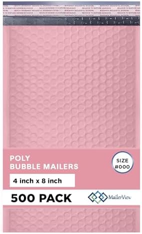 Light Pink Bubble Mailers 4x8, Poly Padded Envelopes #000, 500 Pack by MAILERVIEW